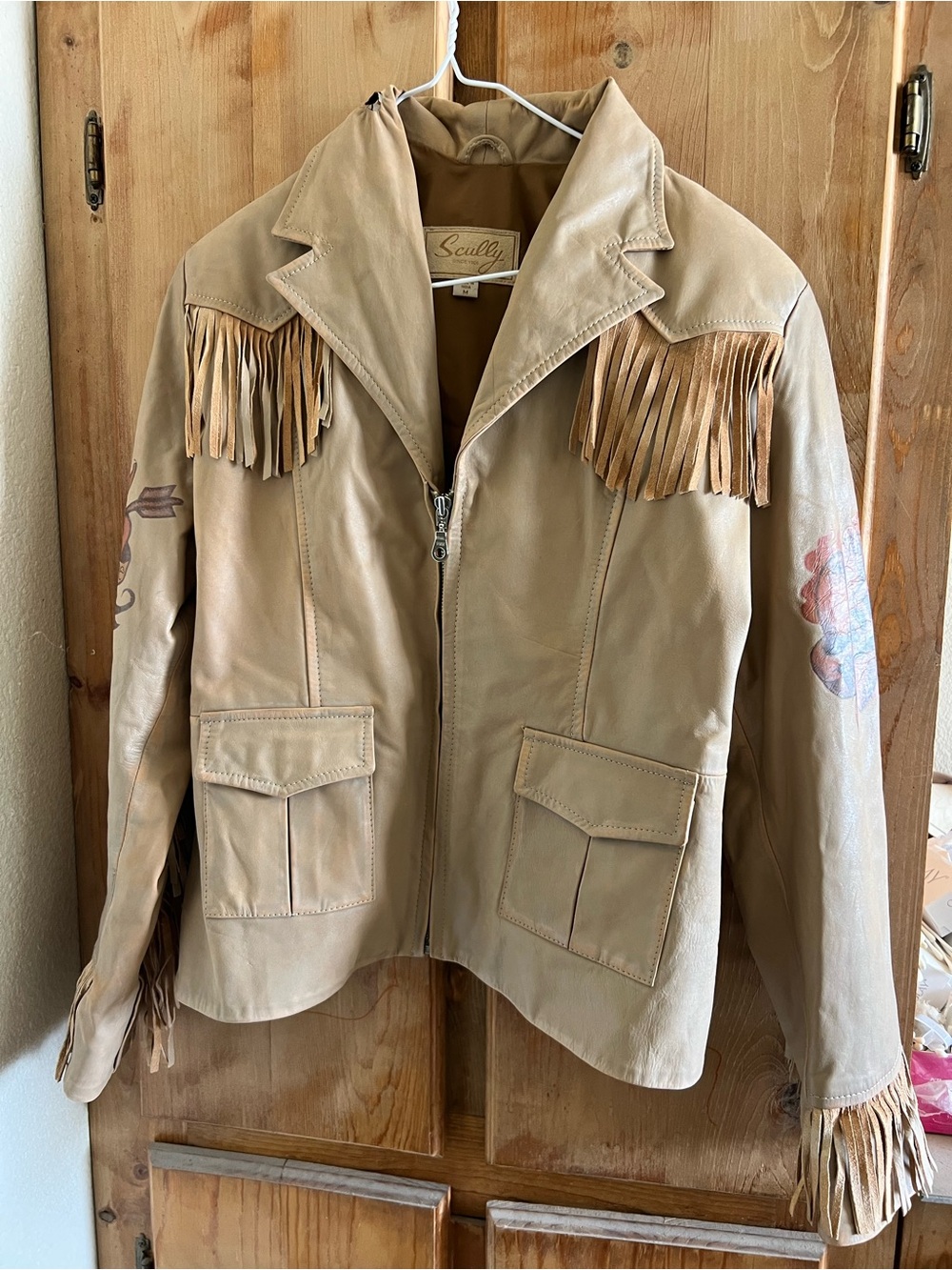 Scully Beige Fringe Leather Jacket with Sleeve Artwork